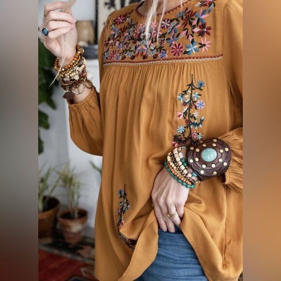 Anthropologie JODIFL Bohemian Floral Embroidered Top in Mustard - Picture 1 of 4